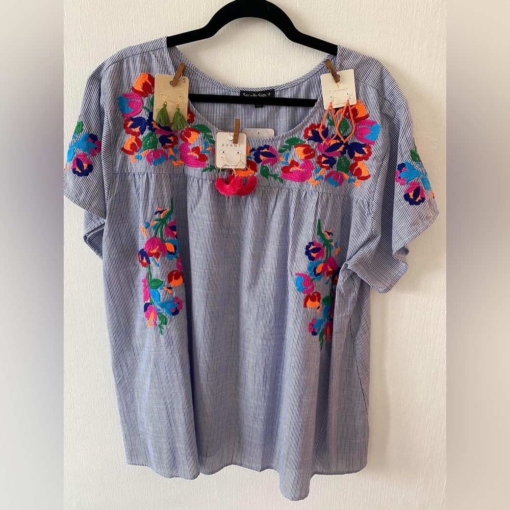 Striped floral embroidered blouse